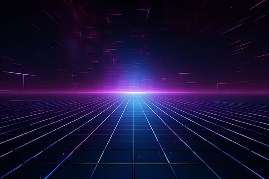 Futuristic 80s retro backdrop with a digital cyber laser grid