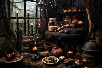 Fototapeta na wymiar Witchcraft witch interior, potion, herbs ingredients candles and magical equipment, halloween inspiration, Generative AI