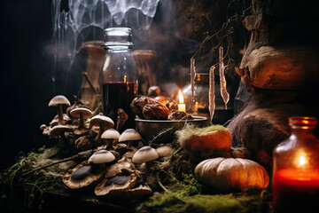 Witchcraft witch interior, potion, herbs ingredients candles and magical equipment, halloween inspiration, Generative AI - obrazy, fototapety, plakaty