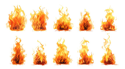 Set of different fire flames isolated on white background