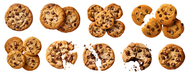 Chocolate chip cookie cookies, top view on transparent background cutout, PNG file. Many assorted different design. Mockup template for artwork. 

