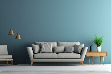 Fototapeta na wymiar Living room design with gray armchair against blue wall. Generative AI