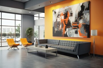A large waiting area in a modern office with a color scheme dominated by gray. Generative AI
