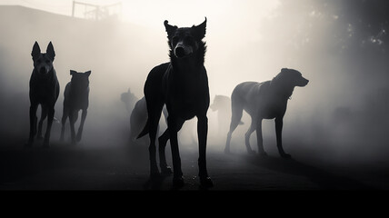 phobia fear horror attack of a pack of dogs in a black and white fog.