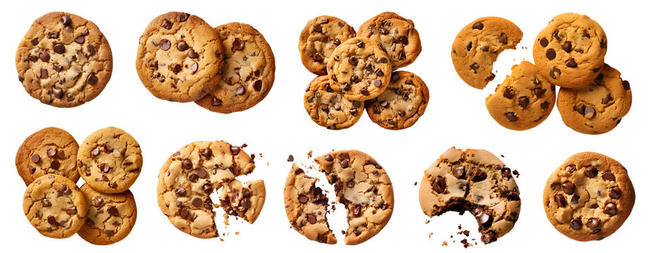 Chocolate Chip Cookie Cookies, Top View On Transparent Background Cutout, PNG File. Many Assorted Different Design. Mockup Template For Artwork. 

