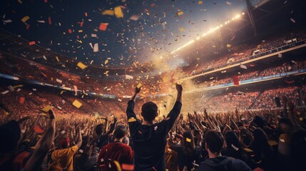 Cheering crowd at a soccer stadium with confetti in the air