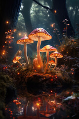 Obraz na płótnie Canvas closeup of glowing forest mushrooms, magic fantasy, autumn season, generative AI