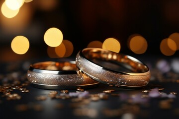 Gleaming wedding bands amid glittering bokeh, with room for text