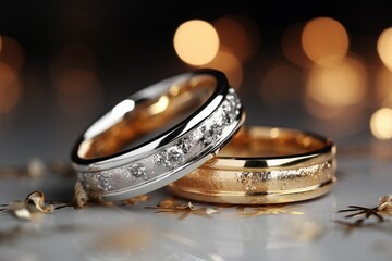 Gleaming wedding bands set against bokeh and diamond dust, text space