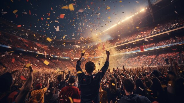Fototapeta Cheering crowd at a soccer stadium with confetti in the air