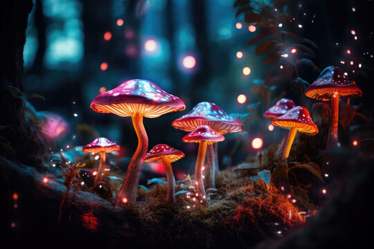 closeup of glowing forest mushrooms, magic fantasy, autumn season, generative AI