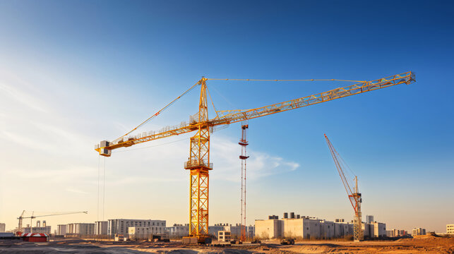 A construction site with a towering crane is set against a clear blue sky, illustrating the ongoing building activities in progress.