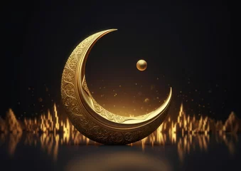 Fotobehang richly engraved gold crescent moon on black background. generative AI © Nanda