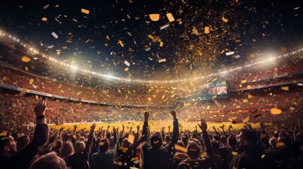 Crowd of fans at the stadium with confetti. Mixed media - obrazy, fototapety, plakaty