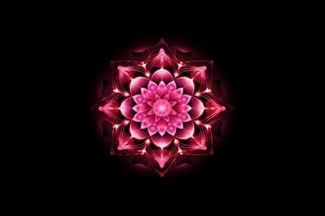 pink mandala concentric flower center kaleidoscope isolated on dark background, crystal systematic art design pattern