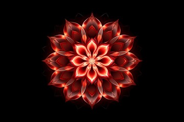red mandala concentric flower center kaleidoscope isolated on dark background, crystal systematic art design pattern