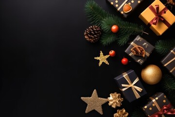 Obraz na płótnie Canvas Christmas dark black background with beautiful texture and gift boxes decoration wallpaper background