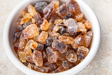 dessert rock sugar crystals pieces sweet candy brown sugar candied big rock caramel taste cane sugar cooking appetizer meal food snack on the table copy space food background rustic top view