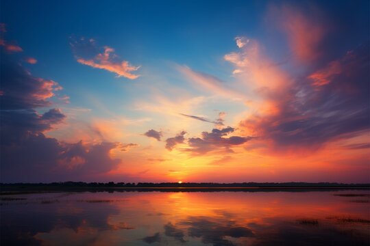 Golden hour paints serene horizon, a breathtaking sunset landscape backdrop