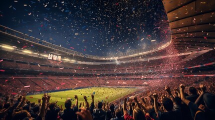 Football stadium at night with fans and confetti flying in the air