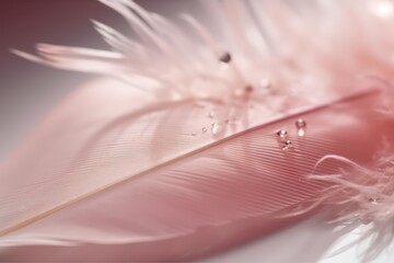 Light airy neutral background in pink tones with drop of water on feather,abstract art wallpaper about feather and water drops