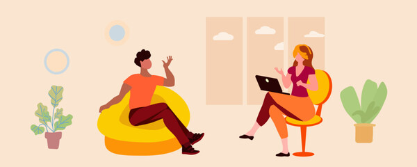 Casual conversation between a woman and a man in a room with a window, friens,  vector illustration