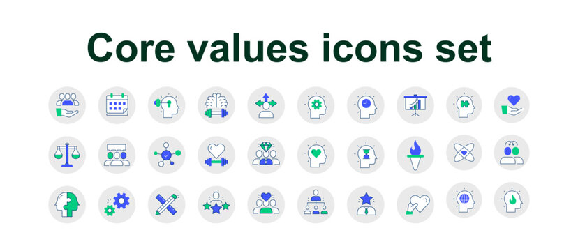 Set of icons core values. 29 vector images with editable stroke