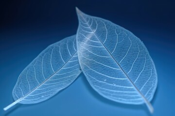 Two transparent white skeleton leaves macro on blue background,beautiful wallpaper background 