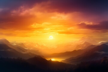 Obraz premium Hazy mountains meet a breathtaking sky, a natures watercolor