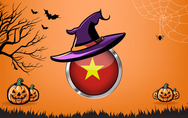 vietnam round flag with Happy Halloween banner or party invitation background. bats, spiders and pumpkins, orange background