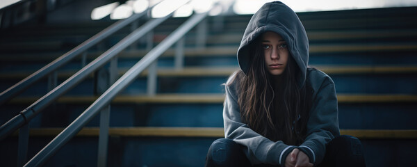 Female high school student sitting alone on bleachers, concept of the feeling of isolation and loneliness due to mental illness - obrazy, fototapety, plakaty