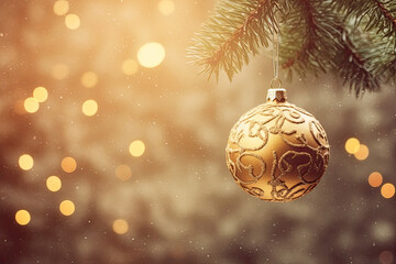 Merry Christmas and Happy New Year. Christmas balls on fir branches on fir brancheson blurred background
