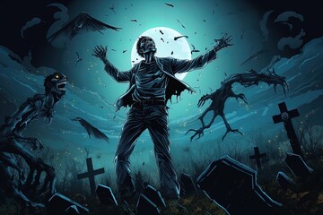 Fototapeta premium Zombie Soars in Night Cemetery: Poster Art