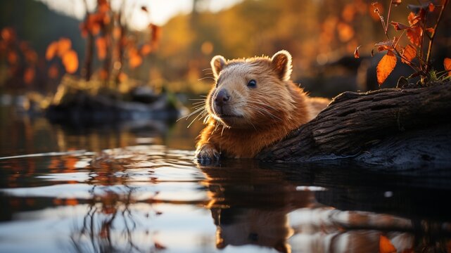 Fototapeta Capybara, rodent swimming in the water near the reeds with its brown fur under a sunset joining its family and its peers