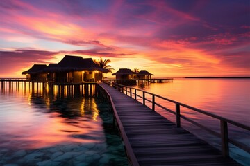 Fototapeta na wymiar Idyllic Maldives sunset, overwater villas, sandy beach a travel daydream