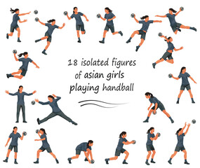 Figures of Asian girls playing handball in black uniforms training, standing, running, rushing, jumping, catching, throwing the ball