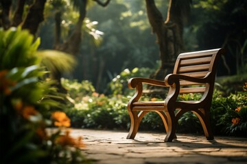 Obraz premium In the gardens hush, a wooden chair beckons with a blurred allure