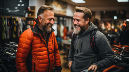 Two men looking at each other and laughing while choosing a bicycle in a store. Salesman helping man to choose. - obrazy, fototapety, plakaty