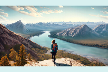 adventurous woman hiker reaches perfect vista for soul searching and deep contemplation 