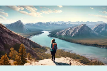Fototapeten adventurous woman hiker reaches perfect vista for soul searching and deep contemplation  © BillieLafond