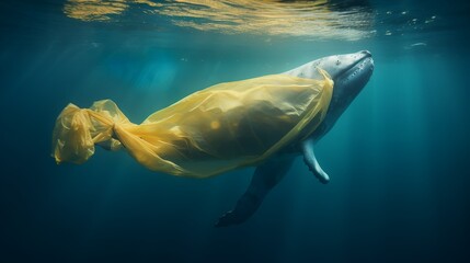 Whale wrapped in yellow plastic bags suffocating - obrazy, fototapety, plakaty
