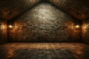 Industrial elegance Brick wall and floor in a night hallway - obrazy, fototapety, plakaty