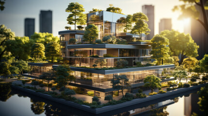 Modern office building with trees in the foreground. The harmony of nature and modernity. - obrazy, fototapety, plakaty