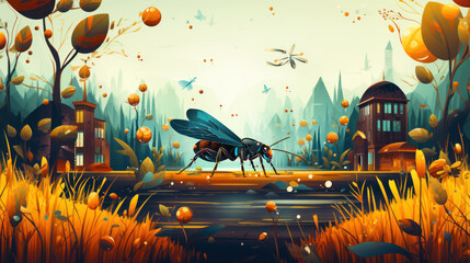 Fantasy landscape with a fly in the meadow. Vector illustration - obrazy, fototapety, plakaty
