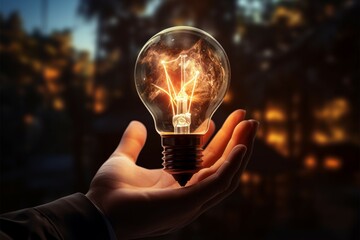 In a businessmans hand, a radiant light bulb sparks innovation