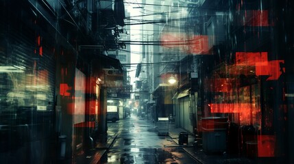 Cyberpunk city alley with multiple cables and wires at the block