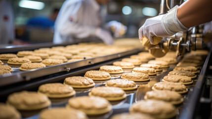 Close up of a hand of a female confectioner placing cookies on a conveyor belt. - obrazy, fototapety, plakaty