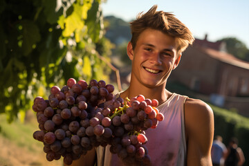 teenagers have fun harvesting grapes in the south of France, summer job