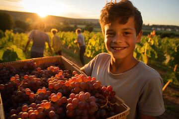 teenagers have fun harvesting grapes in the south of France, summer job