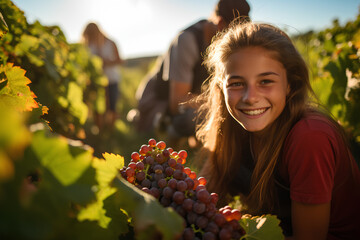 teenagers have fun harvesting grapes in the south of France, summer job
